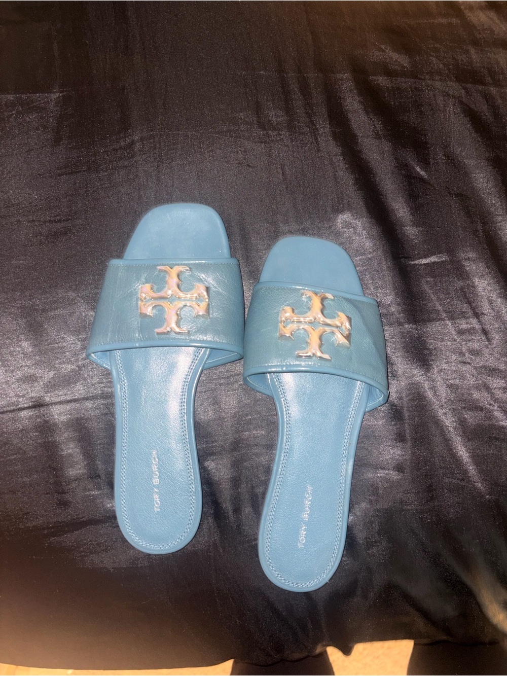 Tory Burch Teal Slide Sandals with Gold Logo Hardware